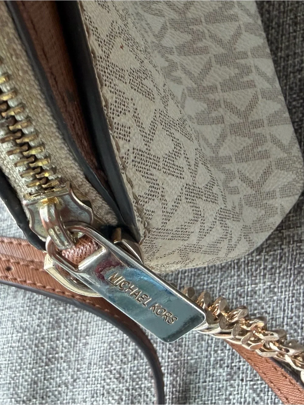 Michael Kors Beige MK Signature Crossbody with Brown Trim